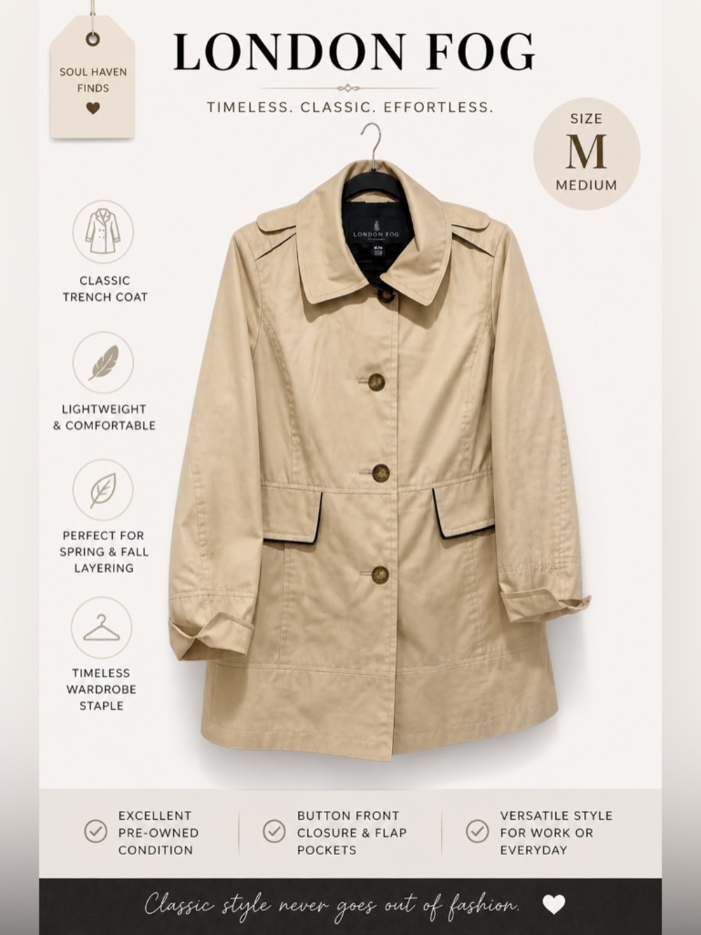 London Fog Trench Jacket Beige Women’s Size Medium Lightweight Classic Coat